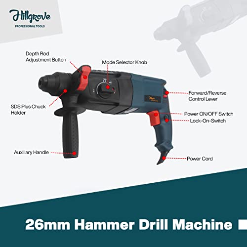 Image of Hillgrove HGCM1029M4 All Purpose 26mm Hammer Impact Drill Machine Forward /Reverse Rotation with 5Pcs SDS Plus Bits for Making Holes in Metal /Wood /Concrete Hammer Drill (26 mm Chuck Size, 1200 W)