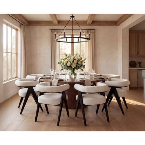 CIMOTA Set of 8 Mid-Century Modern Barrel Dining Chairs with Arms, Fabric Upholstered Kitchen & Dining Room Chairs with Black Wood Legs Contemporary Armchairs Accent Side Chairs, Cream White