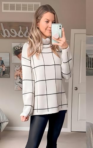 Image of ECOWISH Women Fall Pullover Sweater Turtleneck Plaid Long Sleeve Loose Casual Chunky Checked Knit Winter Sweaters Jumper Tops