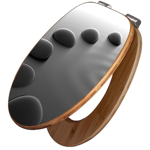 banjado Design WC Sitz Bambus Absenkautomatik 45,8x37,5cm - Toilettendeckel mit Absenkautomatik Holz - hochwertiger Bambus Klodeckel - WC-Sitz für gängigen Toiletten - Motiv Schwarze Steine