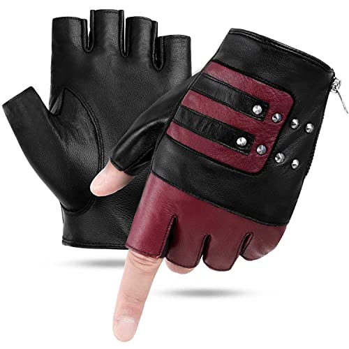 Fioretto Mens Fingerless Gloves Genuine Leather Unlined Half Gloves Punk Gloves For Driving Motorcycle Burgundy S #TOP2