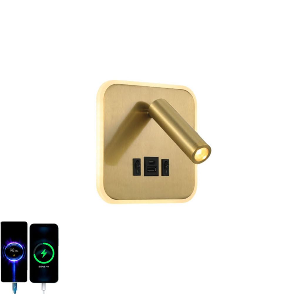 Logt Gold Led Reading Lamp Wall Lamp With Switch And Usb Type-C Dual Chargemouth Wall Light Bedside Lamp 3W 3000K+10W 4000K Indoor Lighting Wall Spot 360°Rotating (Rectangle Warm Light),