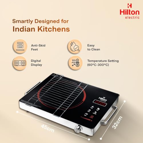 Image of Hilton Electric Premium 2200-watt Radiant Infrared Cooktop with Free Stainless Steel Grill for barbecue |3 Preset Functions | Digital Display |Timer Control | Over Heating Protection(1 Year Warranty)