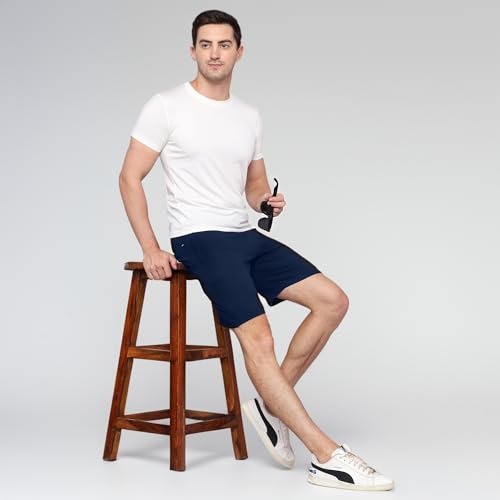 Image of NeoFlex Men's Regular Fit Cotton Shorts with Zipper Pocket - Comfortable Rich Solid Design, Essential Men's Shorts (Midnight Blue, L)