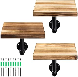 Navaris Industrial Pipe Shelf Set - 3 Small Wooden Shelves with Black Pipe Shelf Brackets - 15x20cm Wall-Mounted Wood Shelving - Size S, Burnt Brown