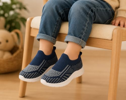 Image of Slip-On Knit Sneakers, Navy Blue, Lightweight Walking Shoes, White Sole