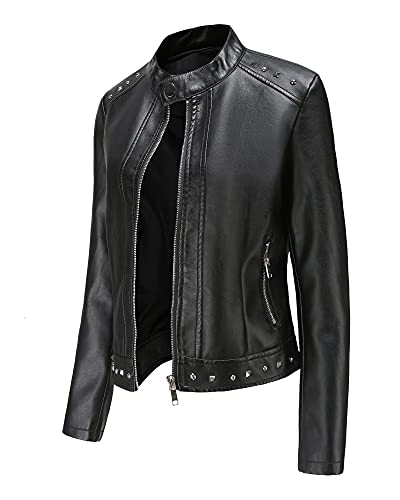TrusMe Damen Lederjacken, Reißverschluss Motorrad Kurzer PU Moto Biker Outwear Coat, Casual,Schwarz,M Cover