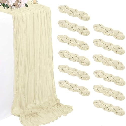 12 Pack Beige Cheesecloth Table Runners 35 x 120 Inch Rustic Boho Gauze Christmas Table Runner for Wedding Arch, Party Decoration, Bridal Shower, Reception, Farmhouse Dining Decor by FINDYOU - Used condition - US$24.54