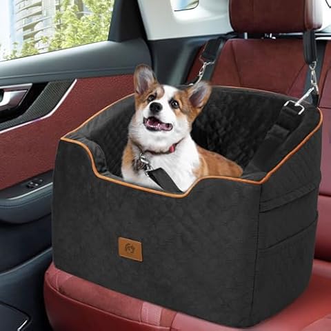 OTOB Small Dog Car Seat, Memory Foam Booster Car Seat for Dogs up to 37 lbs, Washable Detachable Car Dog Bed, Adjustable Pet Puppy Car Seat with Thick Cushion, Storage Pockets, Safety Belt, All Season Cover