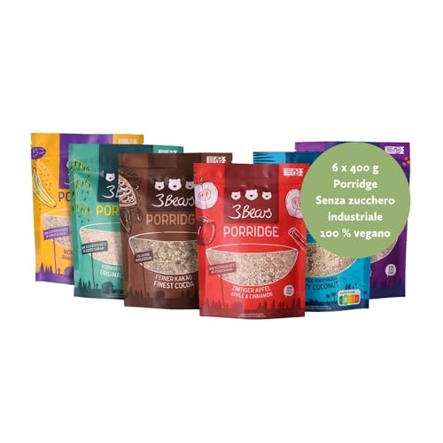 3Bears Porridge Classic Set I 6 bustine di porridge vegano da 400 g nei gusti mela-cannella, banana-semi di papavero, cacao, frutti di bosco e classico I deliziosi fiocchi d'avena senza zucchero