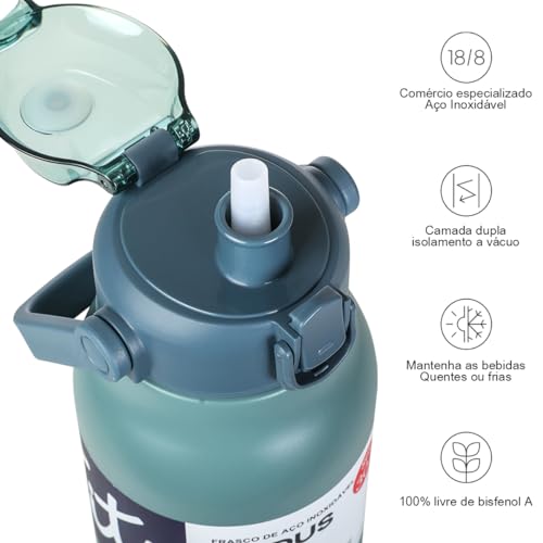 Garrafa Termica de Aço Inoxidável Isolada de Grande Capacidade com Canudo 1700ml (Verde)