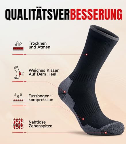 PULIOU Merino Socken Herren Damen Thermosocken Wandersocken Outdoor & Trekking-Socken, Anti-Blasen, Gepolstert Arbeitssocken Wintersocken，Schwarz 43-46