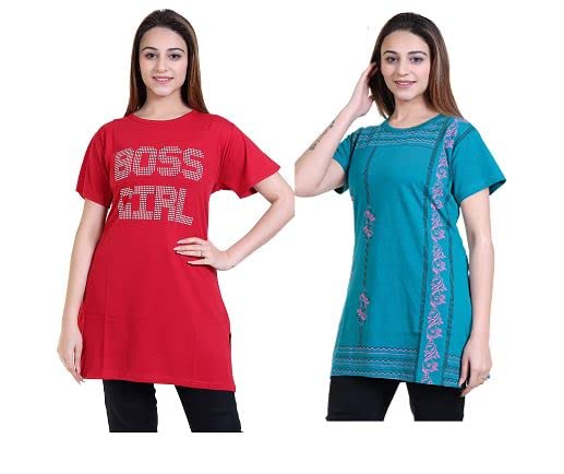 Image of New Crush Women Cotton Printed Regular Fit T-Shirts /Top /Long Night Wear T-Shirt for Women's & Girls (Pack of 2)