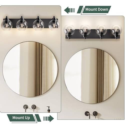 Image of Bathroom Light Fixtures-Matte Black Vanity Lights for Bathroom, Modern Black Vanity Lights 4-Light Bathrooms Lighting Fixtures Over Mirror with Clear Glass Shade