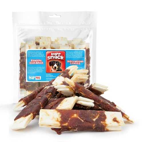 HAPPET Piel de vaca con pato, 15 cm, masticables naturales para perros, golosinas saludables de piel de vaca y pato, golosinas dentales para la higiene bucal