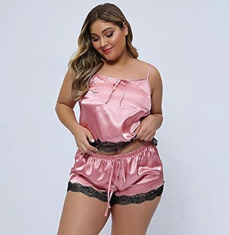 WSJS Ropa de Dormir Ropa Interior Rosa de satén Mujer Pijamas de 2PCs de la Ropa  Interior de la muñeca del camisón de la Ropa Interior de señora Gorda  Conjunto Atractivo,XXL :