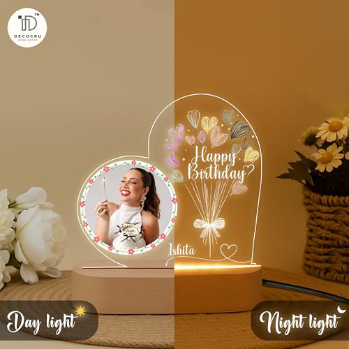 Image of Personalized Happy Birthday LED Night Light with Photo - Custom Gift for Him or Her - Acrylic Lamp with Name and Picture - Birthday Gift for Men, Women, Friends, Decor Table Lamp for Bedroom