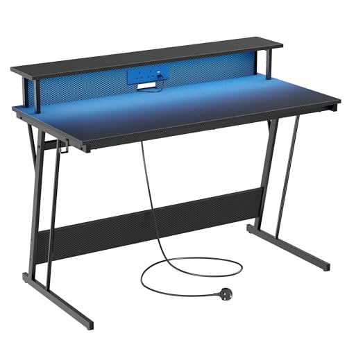 VASAGLE Gaming Desk with LED Lights and Built-In Power Outlets, Computer Desk with Monitor Shelf, Gaming Table for 2 Monitors, Office Desk, for Bedroom, 60 x 120 x 76 cm, Carbon Black LWD292B02