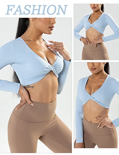 Women's Twist Front Low Cut Sports Bra Crop Top Slim Fit Padded Yoga Workout Top Cropped Gym Shirts Tees Built In Bra Running Tshirts Blue #TOP2