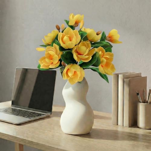 Image of Decor & More 2 PCS Artificial Flowers Bunch - Silk Magnolia Bouquet Long Stem for Vase | Artificial Flower for Decoration | Long Artificial Flowers for Big Vase, Home & Wedding Decor (Without Pot)