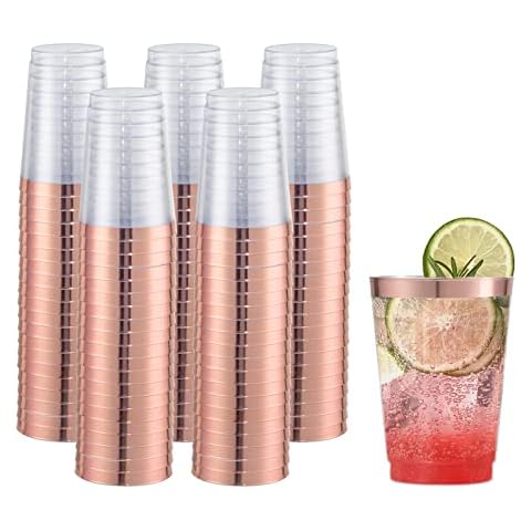 I00000 200 Pack 12 oz Rose Gold Rimmed Plastic Cups, Clear Plastic Cups Tumblers, Heavy duty Disposable Hard Plastic Cups with Rose Gold Rim for Wedding Cups Elegant Party Cups Cover
