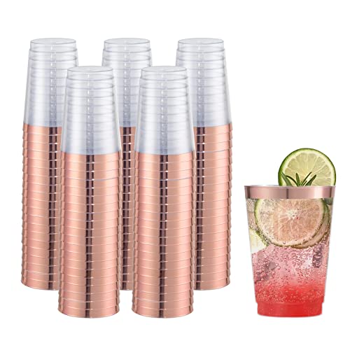I00000 200Pcs Reusable Clear Plastic Cups 12 Oz Rose Gold Rimmed Plastic Cups Disposable Cocktail Cups Rose Gold Wine Glasses Disposable Party Cups Rose Gold Wedding Tumblers Plastic Drinking Cups #TOP25