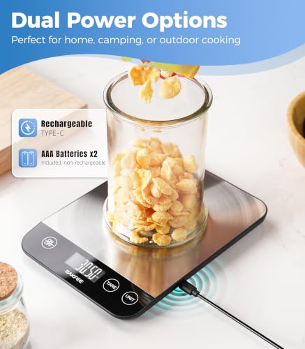 Food Scale, 33lb Rechargeable Kitchen Scale with Stainless Steel, Grams and Ounces, USB Charging, 1g High Accuracy for Baking, Cooking & Food Prep, Black, BK806 - Image 4