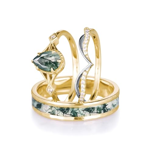 Natural Moss Agate Wedding Rings for Couple, 925 Sterling Silver 10K/14K/18K Gold Engagement Ring Sets for Him and Her, Customized 2pcs Green Anniversary Promise Bands for Men and Women