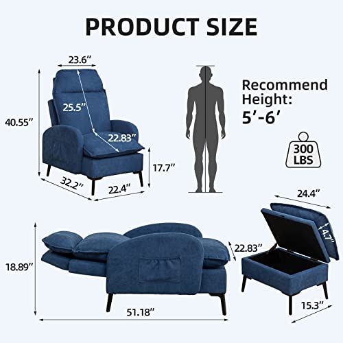 Hchairh Accent Chair With Storage Ottoman, Fabric Armchair With Adjustable Backrest With Side Pokets,Comfy Lounge Chair For Living Room Bedroom Apartment, Blue #TOP1