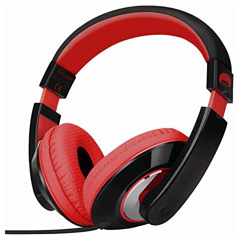 Rockpapa Comfort Kids Headphones, Over Ear Headphones Wired, Childrens Headphones with Adjustable Headband, Stereo Sound, Wired Headphones for Kids Girls Teens Adults (Red) Cover
