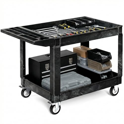 YITAHOME 2 Tier Heavy Duty Plastic Utility Cart 45 x 25 Inch, Black | Rolling Work Cart w/ Deep Shelves & 360° Swivel Wheels(2 Brake), Plastic Tool Cart Suitable for Warehouse, Garage, Office