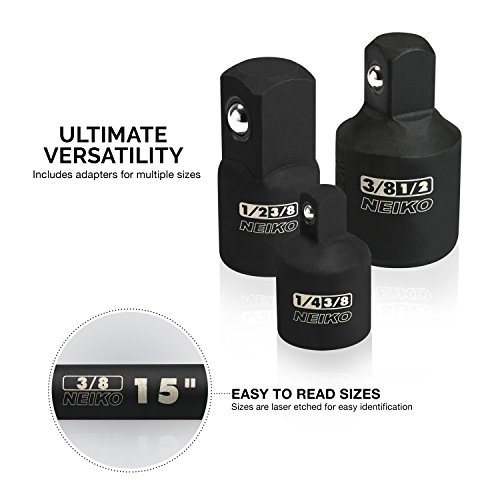 Neiko 00258A 15” Long Impact Extension Set And Impact Socket Adapter Set, 1/4", 3/8”, 1/2” Drive Extensions And Socket Adapters, 6 Pieces Total (3 Piece Each), Chrome Vanadium Cr-V Steel #TOP3