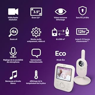 AVENT Philips Babyphone vidéo Premium, Certifié DEKRA, privé et sécurisé avec caméra et Audio, écran de 3,5", Zoom x4, Vision Nocturne, berceuses, température ambiante, 12h en Mode Eco, SCD891/26