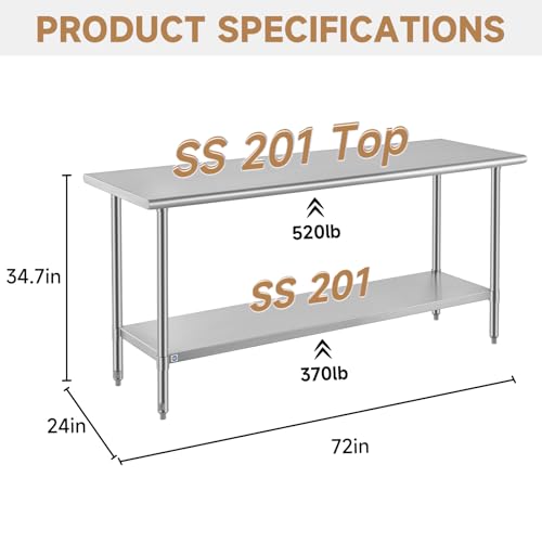 Image of ROCKPOINT All Stainless Steel Table for Perp & Work 24x72 Inch,Commercial Heavy Duty Workbench with Stainless Legs & Adjustable Undershelf, 890 lb Capacity for Restaurant,Home and Outdoor Kitchens