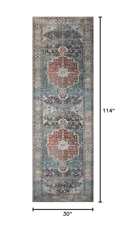 Loloi Margot Collection MAT-05 Ocean/Brick 2'-6" x 9'-6" Runner Rug, No-Shed Easy Clean Large Patterned Area Rug for Living Room, Bedroom, Dining Area