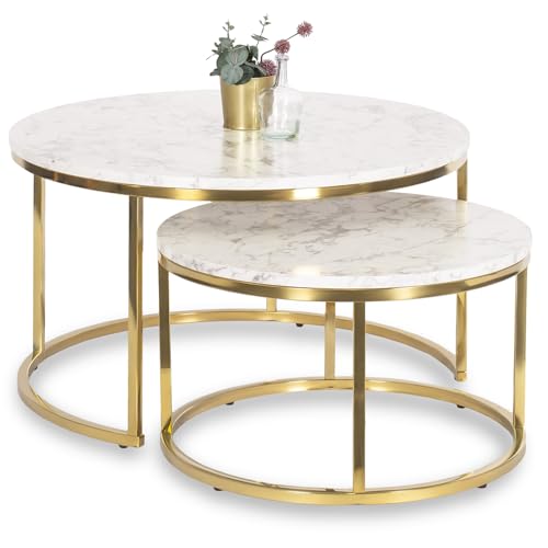 MEBEL ELITE Couchtisch 2er Set Rund – Wohnzimmertisch Weiß Marmoroptik – Sofatisch mit Metallgestell – Tische für Wohnzimmer und Büro 60 cm/80 cm – Pflegeleichter und Schmutzabweisender
