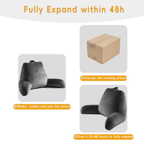 Reading Pillow for Sitting in Bed Adult, 18\" H Back Pillow for Bed Sitting Up with Shredded Memory Foam, Back Support Pillow with Washable Cover, Backrest Pillow with Extend Arms, Gery, Large