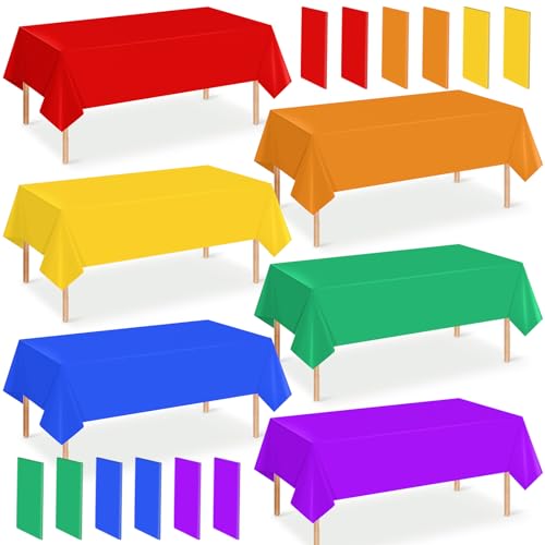 12 Pack 6 Color Rainbow Theme Tablecloth Assorted Color Plastic Tablecloth Disposable Colorful Rectangle Table Covers for Fiesta Wedding Birthday Picnic Graduation Party Decorations, 54 x 108 Inch by YIDAKO - Used condition - US$15.99