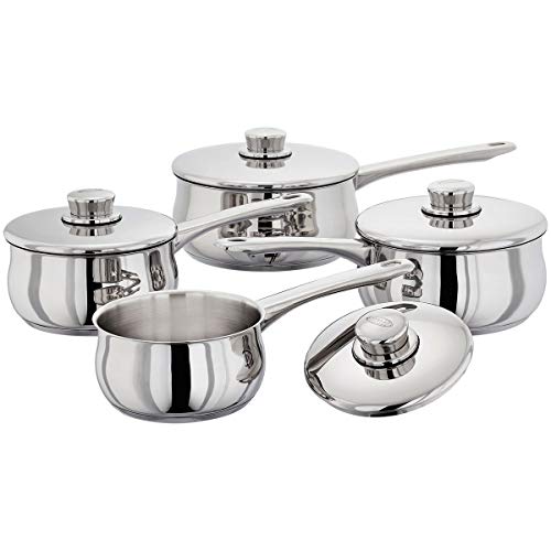 Stellar Classic Set of 4 Stainless Steel Pans 14cm, 16cm, 18cm & 20cm Saucepans with Lids in Classic Domus Shape, Oven-Safe, Induction Ready