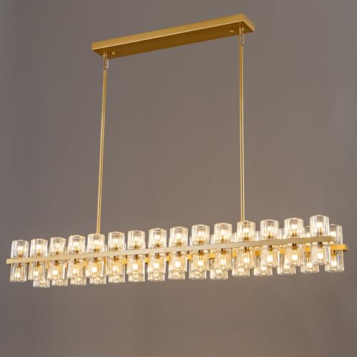Image of Crystal Brass Rectangle Chandeliers for Dining Room, 54in Gold Farmhouse Chandeliers for Dining Room, Modern Rectangle Crystal Chandelier for Kitchen Island Living Room, Includes 60XG4 Bulbs