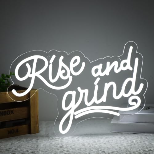Image of Rise and Grind Neon Signs for Wall Decor Neon Lights for Bedroom Led Business Signs Suitable for Man Cave Bar Pub Restaurant Christmas Gift Art 5V Power Adapter 16.1 * 9Inch(White)