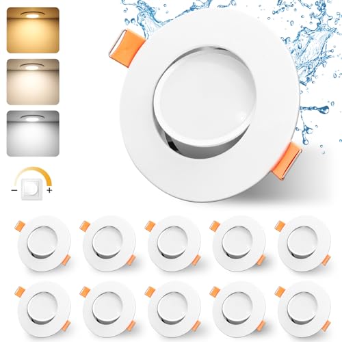 GeyouLux 3CCT Focos LED Interior Techo 230V Regulable 4.9W 500LM IP44 Downlight LED Techo Empotrable Corte 68-80mm 45° Giratorio Ojos de Buey LED Para Salón Dormitorio Cocina 10 Pack Blanco