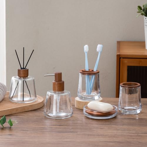 HJ 5PCS Clear Glass Bathroom Accessories Set,4mm Heavy-Duty Glass&Wood Bathroom