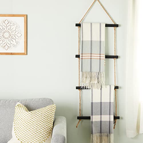 4-Rung Hanging Blanket Ladder, Wooden Rustic Towel Racks For Bathroom With Rope For Bathroom Decor, Black (17 X 60 In) #TOP2
