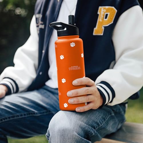 Image of Logo Brands NCAA Clemson Tigers Step & Repeat 34 oz Stainless Steel Quencher Bottle - All Over Logo Design, No-Spill Lid, Easy Carry Handle - Keeps Drinks Cold For Hours