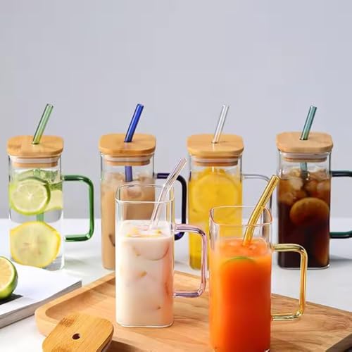 Image of ANKUL Random Clour Squre Glass Sipper Tumbler Tea Coffee Can with Wooden Lid and Straw - 400ml - Pack of 2 - Fruit Milk Juice Cup Glass Straw (Square Mug Wooden Lid, 2)