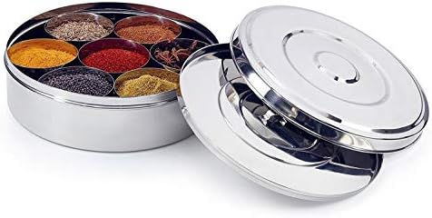 IndiaBigShop Stainless steel Spice box Kitchen Masala Dabba 7 Container Double Lid 9 Inch