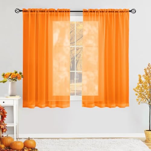 Karseteli Semi Voile Sheer Curtains 45 Inches Long 2 Panels Rod Pocket Window Treatment for Living Room Bedroom Dining Room(Orange 52" W x 45" L)