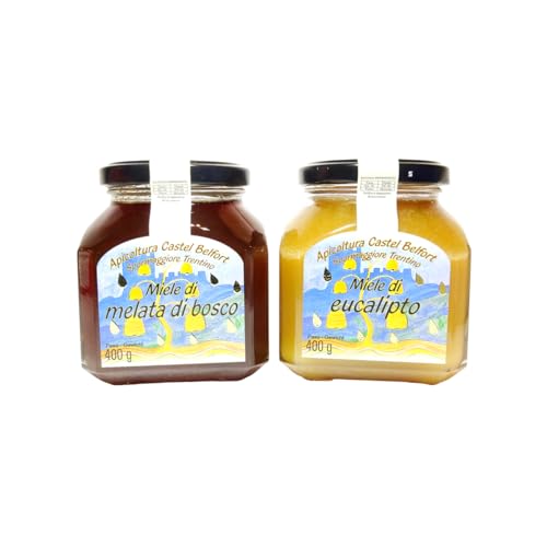 Apicultura Castel Belfort - Miel de mielada de bosque y miel de eucalipto 100% italiana, elaborada en frío, miel natural artesanal, ideal para meriendas, quesos y postres, 400 g