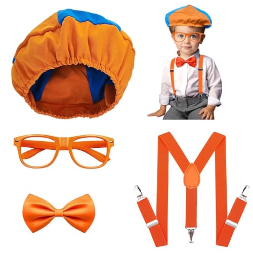 Ainuit Costume Roleplay Accessories-4PCS Orange Costume Set for Kids Ages 3-8-Hat Bow Tie Shatterproof Glasses & Adjustable Suspenders-Toddler Safe Dress-Up Kit for Halloween Parties Pretend Play